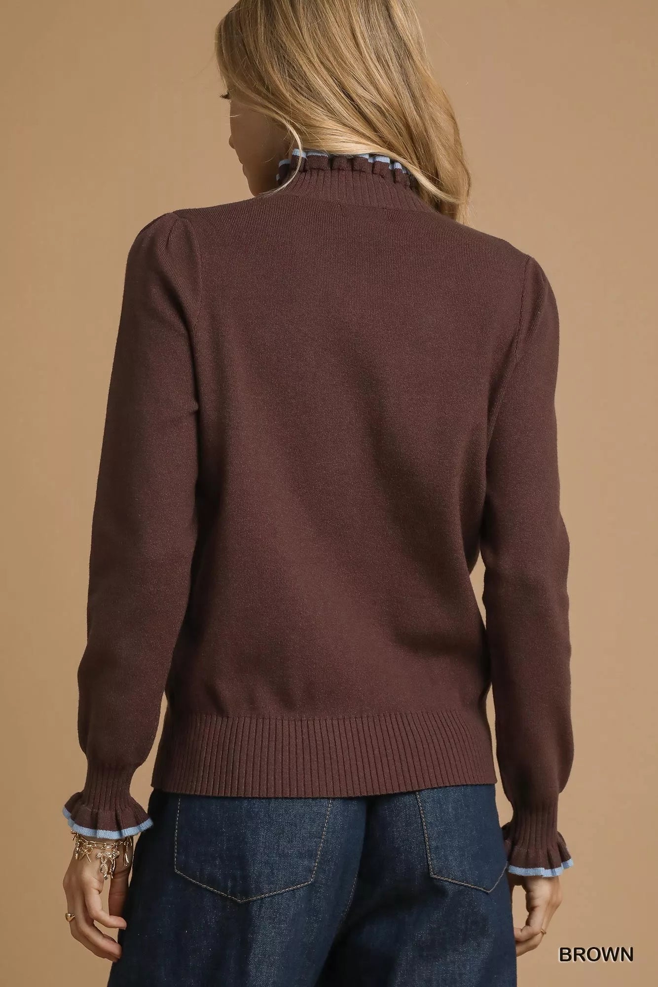 Umgee Ribbed Round Neck Sweater with Ruffle Contrast Trim | Sweaters Daverri Fashions