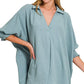 Zenana Airflow Collar Tee with Smocked Sleeve Band Top BLUE GREY S