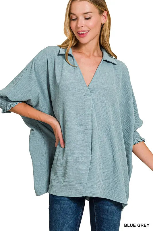 Zenana Airflow Collar Tee with Smocked Sleeve Band Top BLUE GREY S
