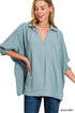 Zenana Airflow Collar Tee with Smocked Sleeve Band Top BLUE GREY S