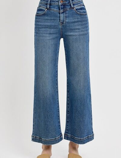 RISEN Full Size High Rise Crop Wide Leg Front Yoke Detail Jeans Plus Size Medium