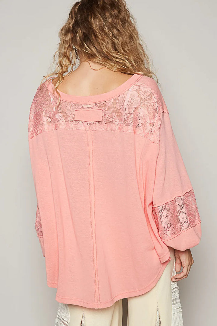 POL V-Neck Long Sleeve T-Shirt with Lace Detail T-Shirts