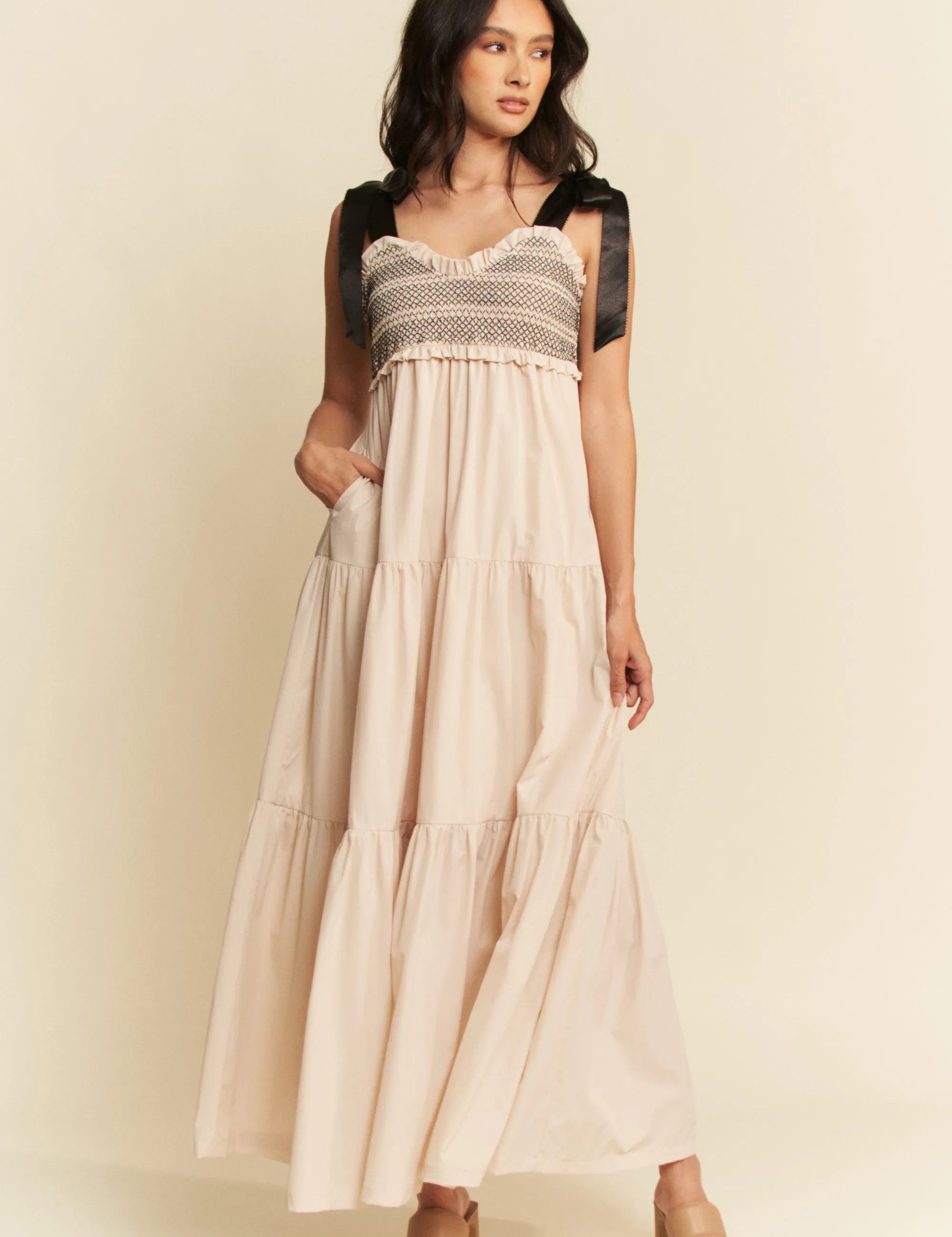 Davi & Dani Multi Contrast Smocked Bodice Straps Maxi Dress | Maxi Dresses Daverri Fashions