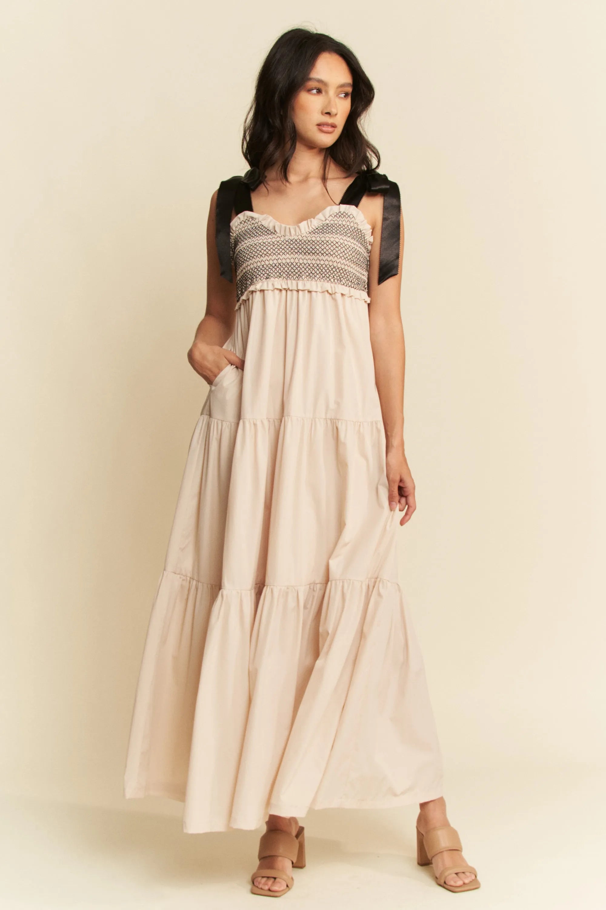 Davi & Dani Multi Contrast Smocked Bodice Straps Maxi Dress | Maxi Dresses Daverri Fashions