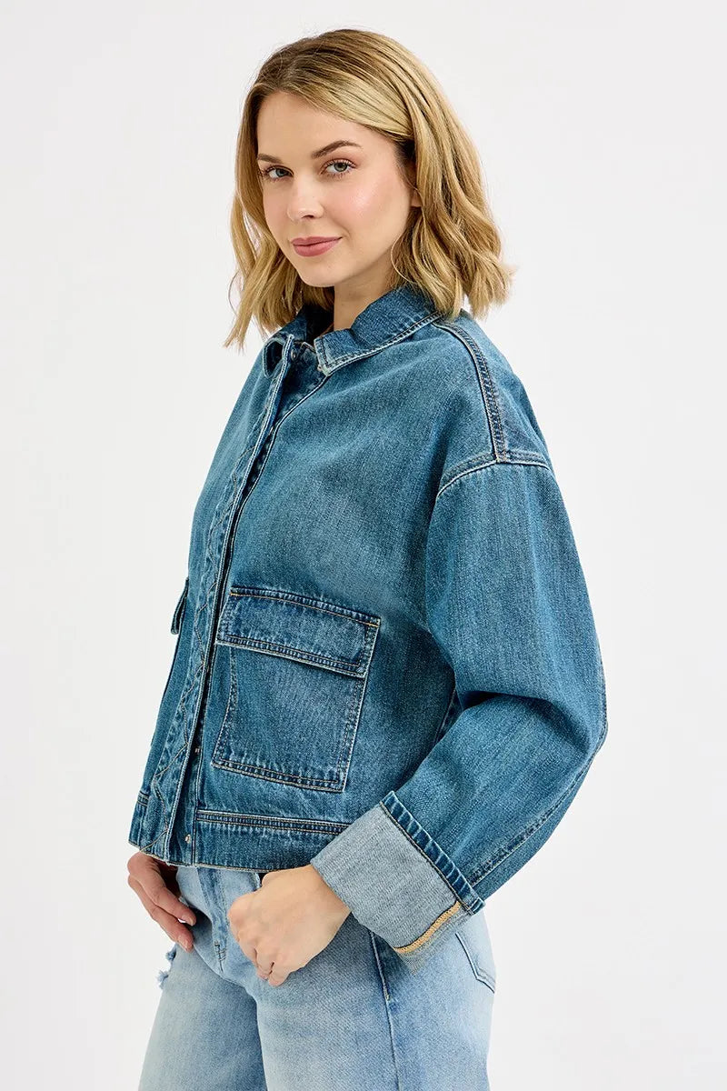 RISEN Oversized Cargo Pocket Denim Jacket with Cuffed Sleeves Denim Jackets