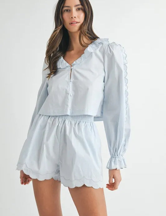 Lt Blue MABLE Long Sleeve Scallop Blouse and Shorts Set | Outfit Sets Daverri Fashions