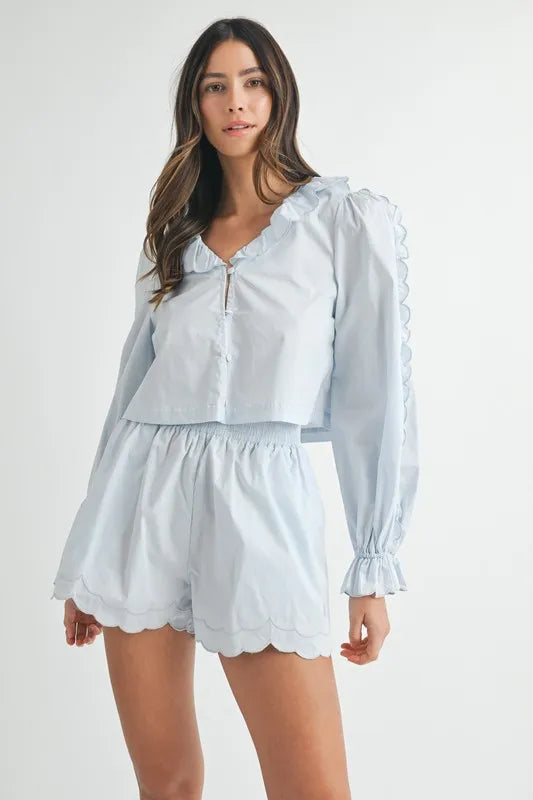 MABLE Long Sleeve Scallop Blouse and Shorts Set Lt Blue Outfit Sets