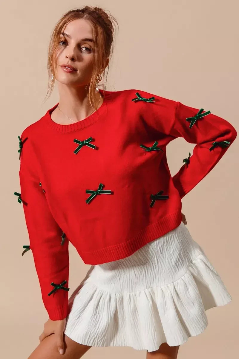 SO ME Ribbon Bow Applique Sweater - DAVERRI FASHIONS