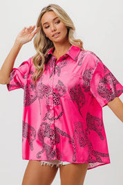 BiBi Leopard Print Short Sleeve Silky Satin Shirt Top | Tops Daverri Fashions