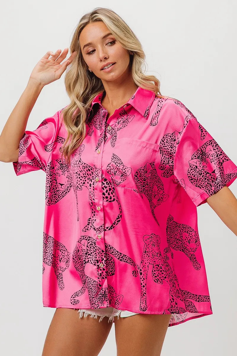 BiBi Leopard Print Short Sleeve Silky Satin Shirt Top Shirts