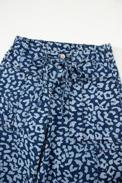 Blue and white leopard print drawstring shorts with elastic waistband