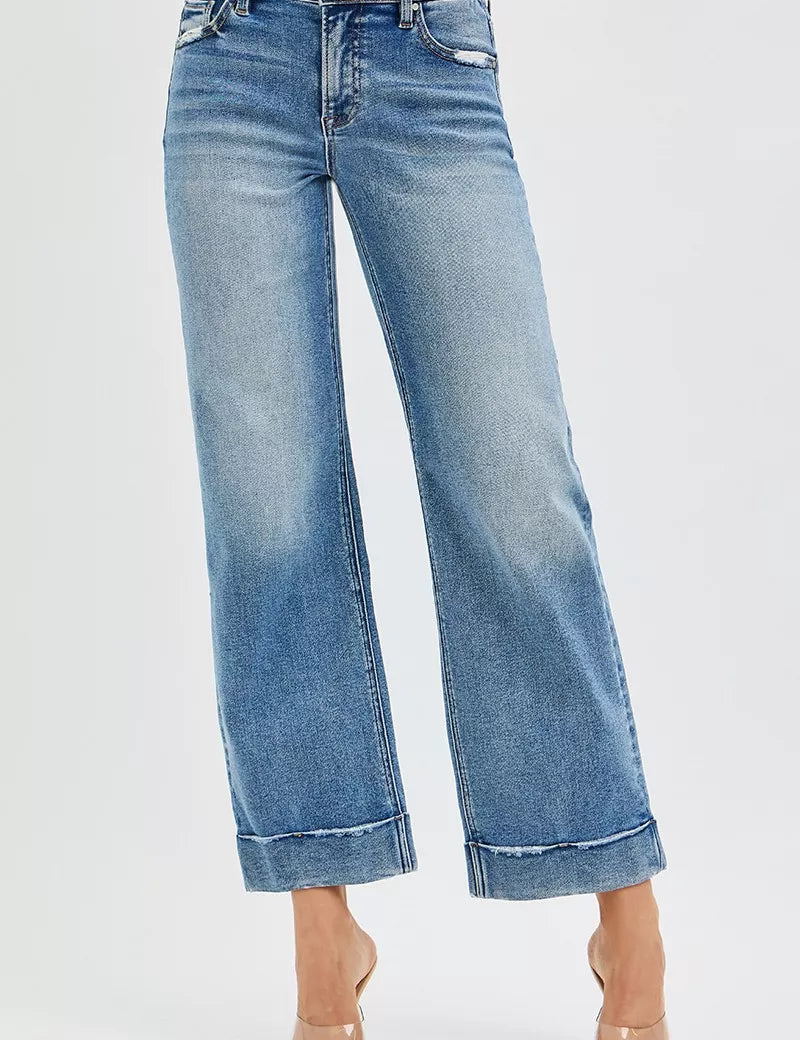 MEDIUM RISEN Full Size Mid Rise Crop Straight Jeans with Taylor Cuffed Plus Size | Jeans Daverri Fashions