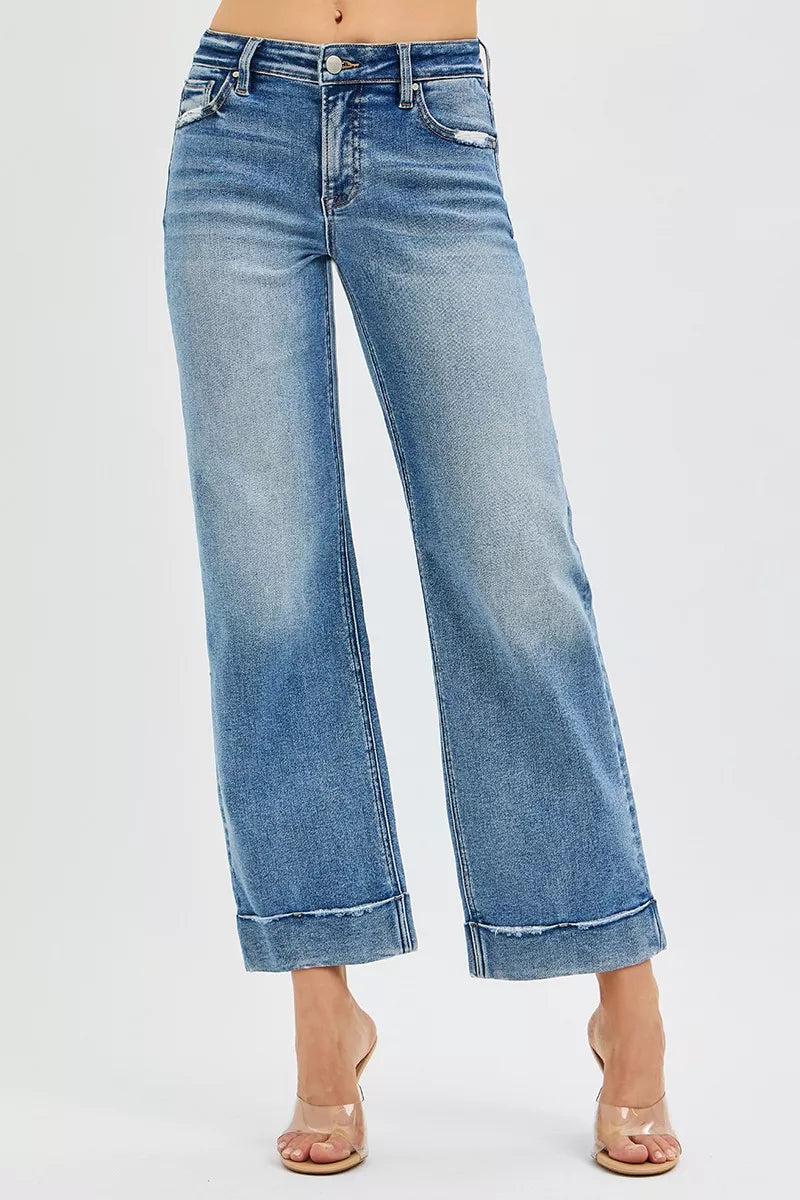 MEDIUM RISEN Full Size Mid Rise Crop Straight Jeans with Taylor Cuffed Plus Size | Jeans Daverri Fashions