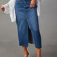 Mid-rise slit raw hem midi denim skirt with frayed edges