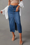 Mid-rise slit raw hem midi denim skirt with frayed edges