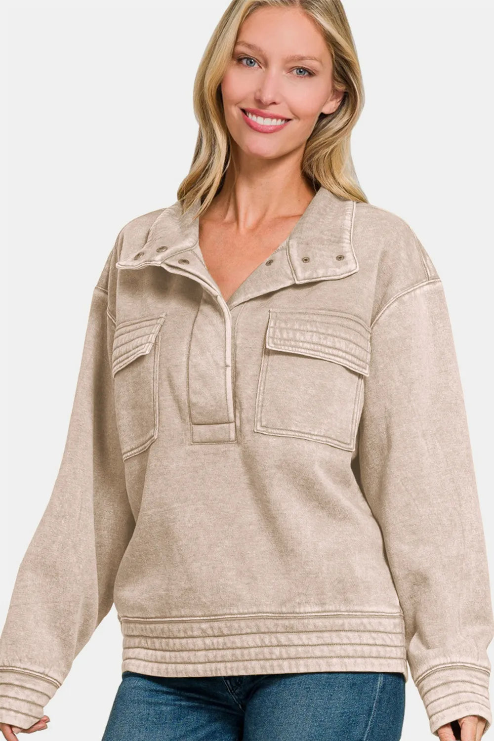 Zenana Acid Washed Half Snap Fleece Sweatshirt Ash Mocha | Sweatshirts Daverri Fashions