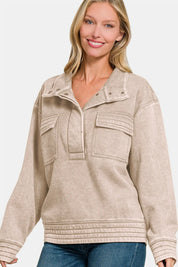 Zenana Acid Washed Half Snap Fleece Sweatshirt Ash Mocha | Sweatshirts Daverri Fashions