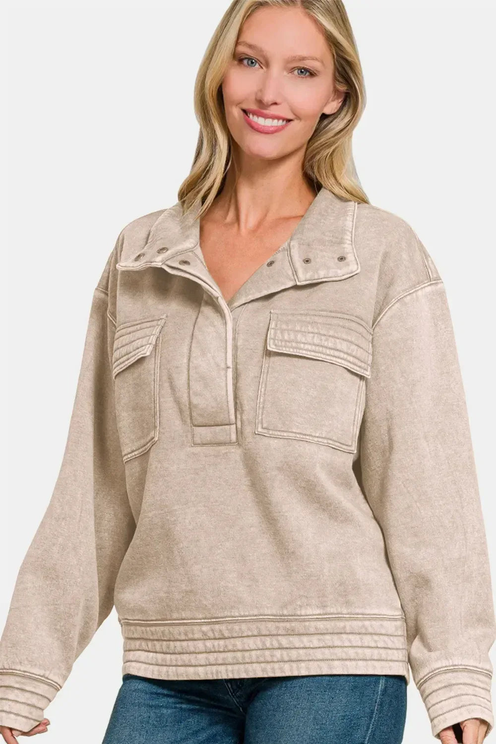 Zenana Acid Washed Half Snap Fleece Sweatshirt Ash Mocha - DAVERRI FASHIONS