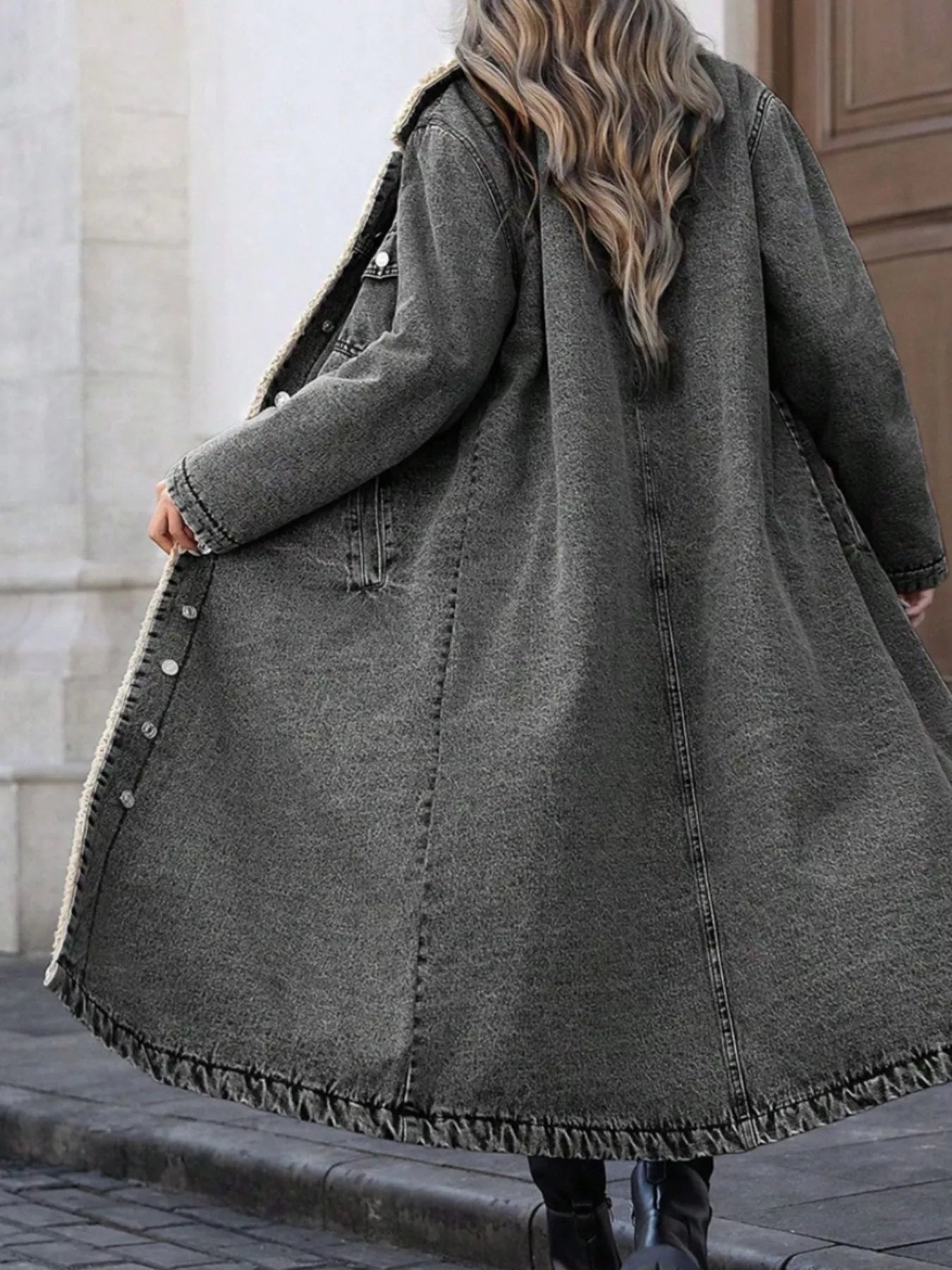 Olive green Sherpa lined longline denim jacket with frayed edges and rivets