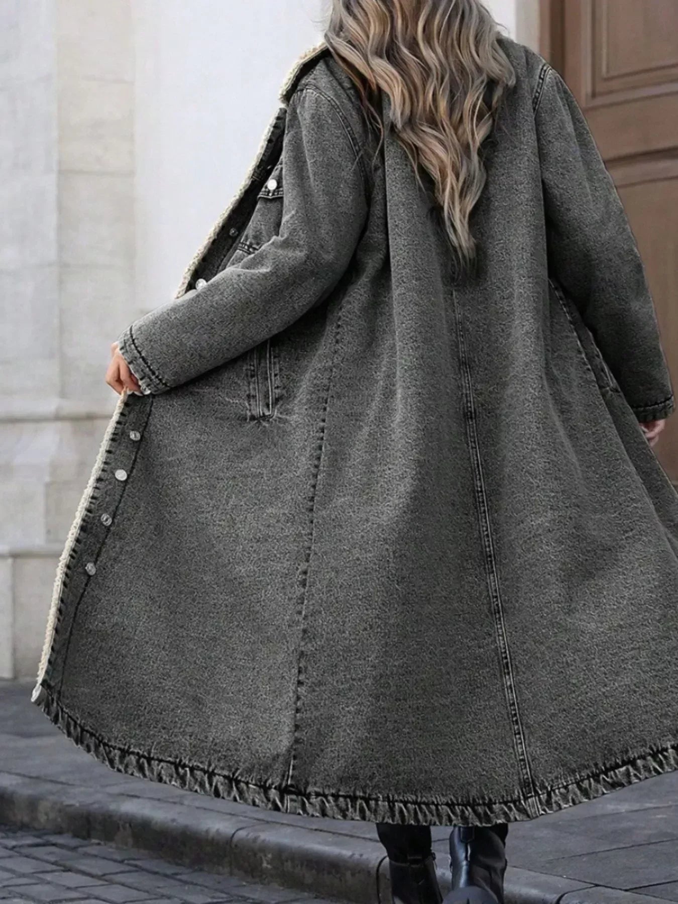 Daverri Fashions Sherpa Lined Longline Denim Jacket - DAVERRI FASHIONS