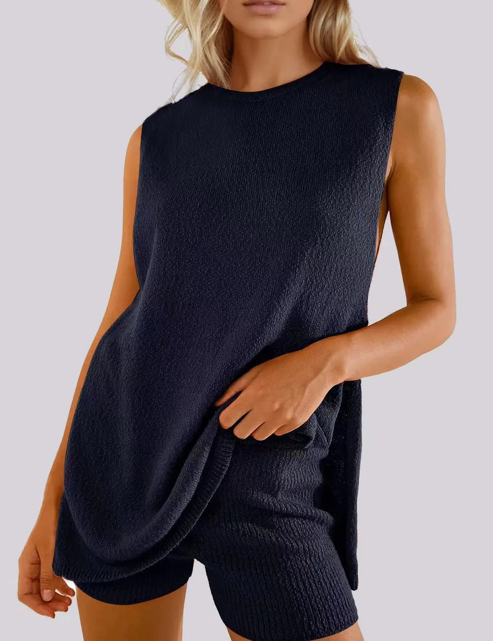 Dark Navy Side Slit Round Neck Tank and Ribbed Shorts Sweater Set | Outfit Sets Daverri Fashions