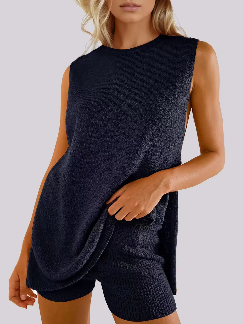 Dark Navy Side Slit Round Neck Tank and Ribbed Shorts Sweater Set | Outfit Sets Daverri Fashions