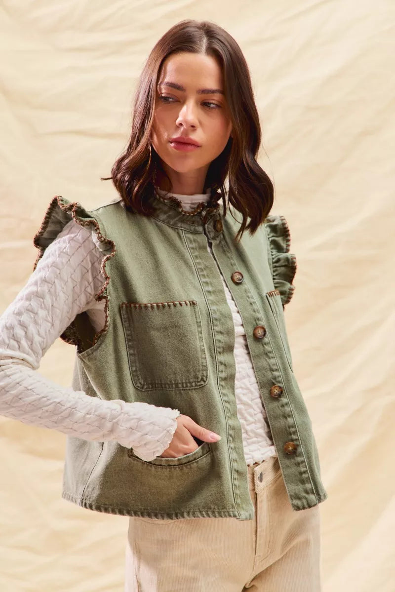SO ME Washed Denim Stitch Ruffled Hidden Button Vest Top | Daverri Fashions