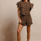 BiBi leopard print waffle texture ruffle top, shorts, white sandals, bracelets