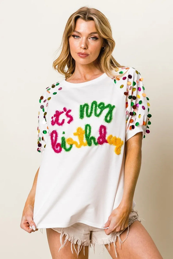 BiBi Metallic Letter Spangle Raglan Puff Sleeve Top Tops