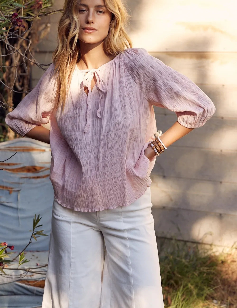 Dusty Pink In February Textured Tie Neck Blouse | Daverri Fashions