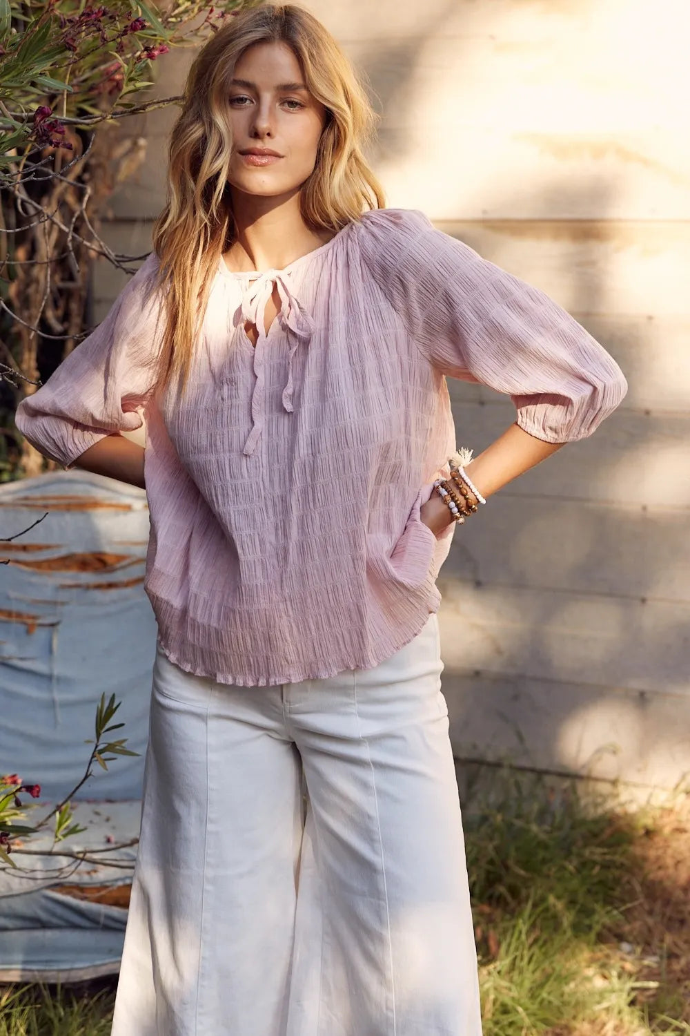 In February Textured Tie Neck Blouse Dusty Pink