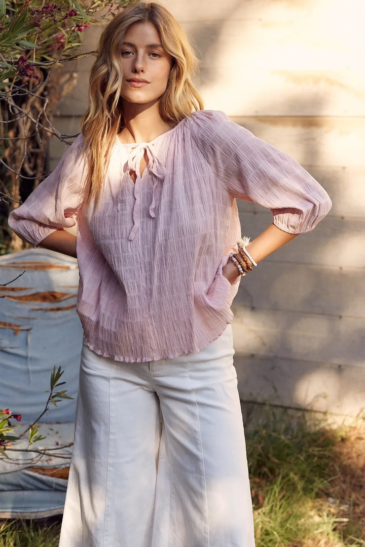 In February Textured Tie Neck Blouse Dusty Pink