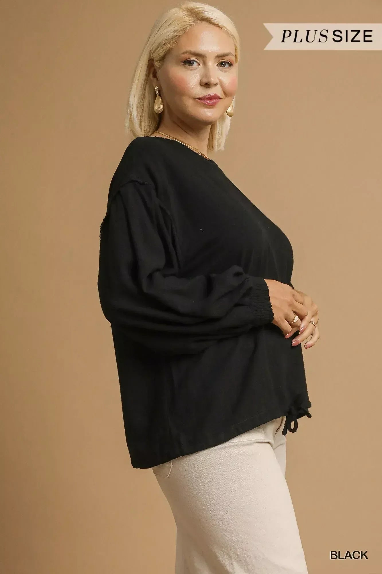 Umgee Full Size Linen Long Sleeve Top with Drawstring Plus Size - DAVERRI FASHIONS