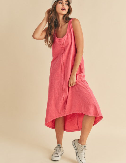 Aemi + Co High-Low Hem Scoop Neck Midi Tank Dress Pink Midi Dresses