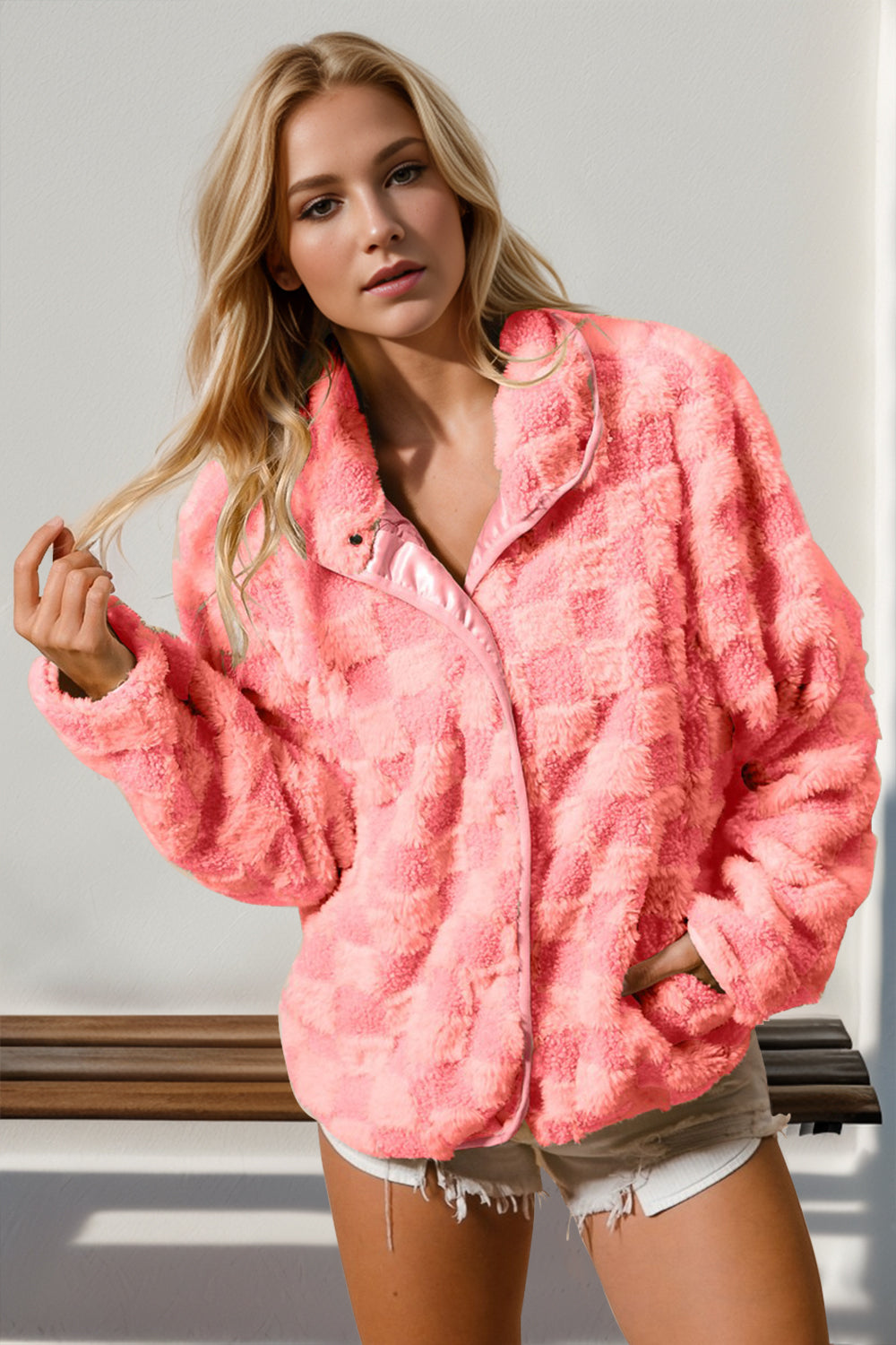 Strawberry 2XL Double Take Checkered Long Sleeve Fuzzy Jacket | Jackets Daverri Fashions
