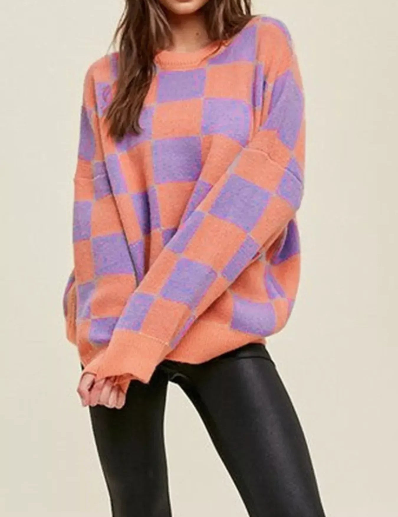 Checkerboard Chic Round Neck Sweater - DAVERRI FASHIONS
