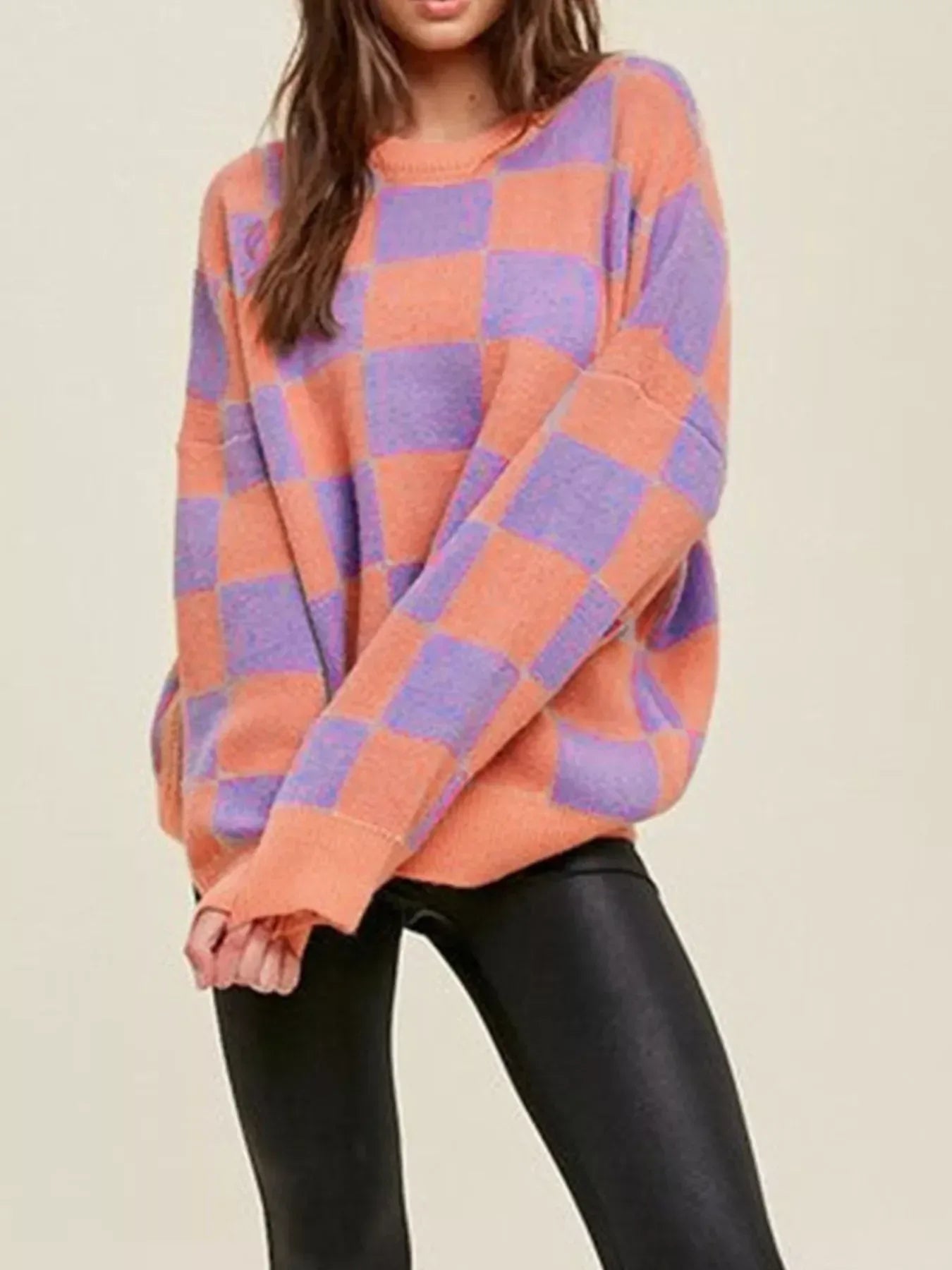 Checkerboard Chic Round Neck Sweater - DAVERRI FASHIONS