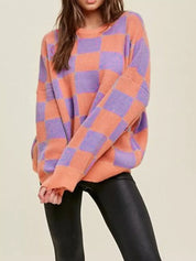 Checkerboard Chic Round Neck Sweater - DAVERRI FASHIONS