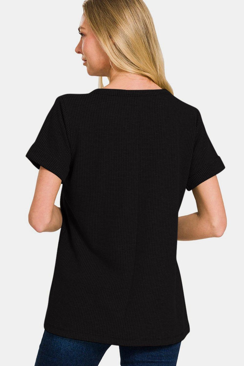 Zenana Notched Short Sleeve Waffle T-Shirt Shirts & Tops