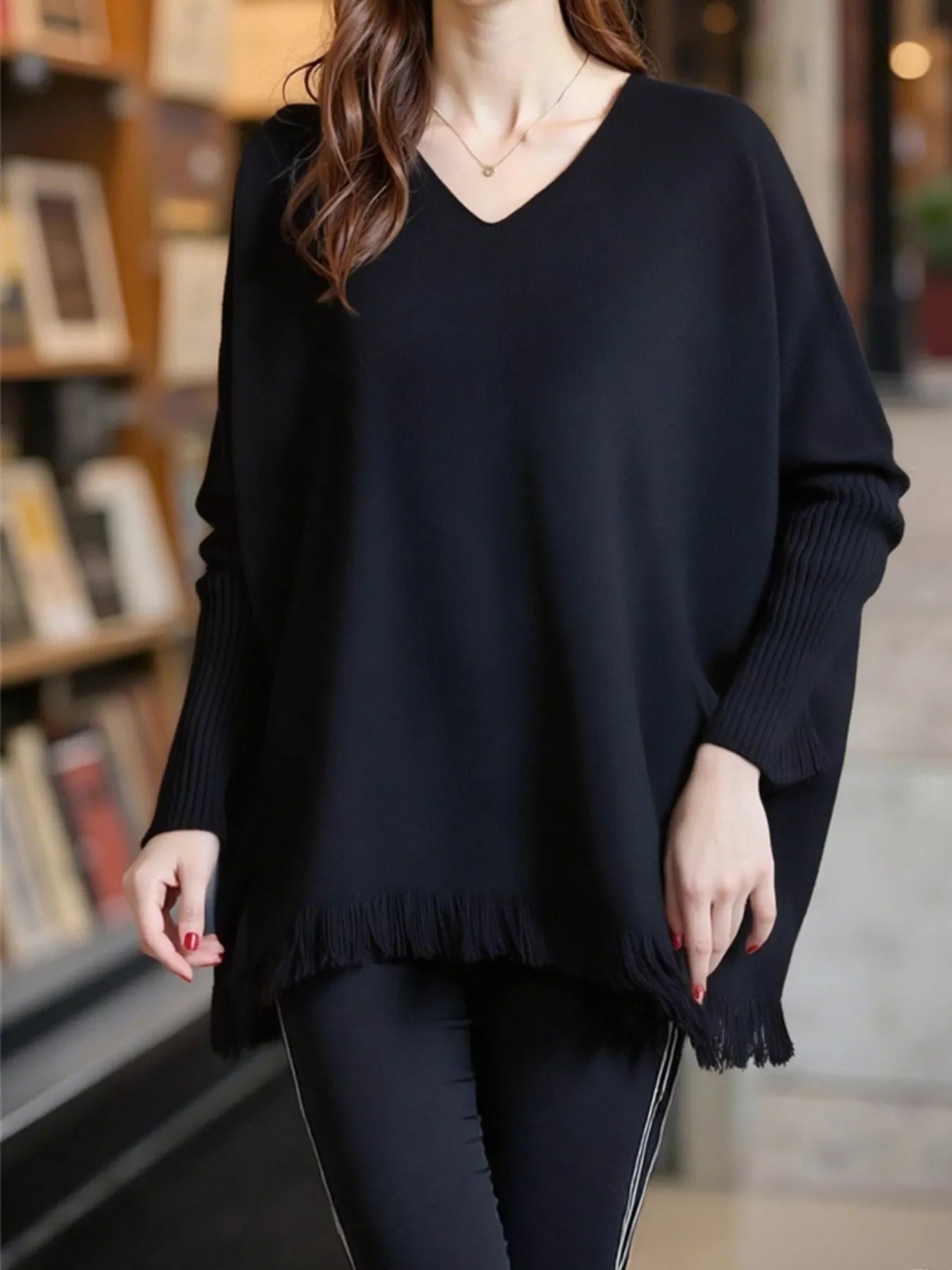 Raw Hem V-Neck Sweater | Sweaters Daverri Fashions