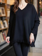 Raw Hem V-Neck Sweater | Sweaters Daverri Fashions