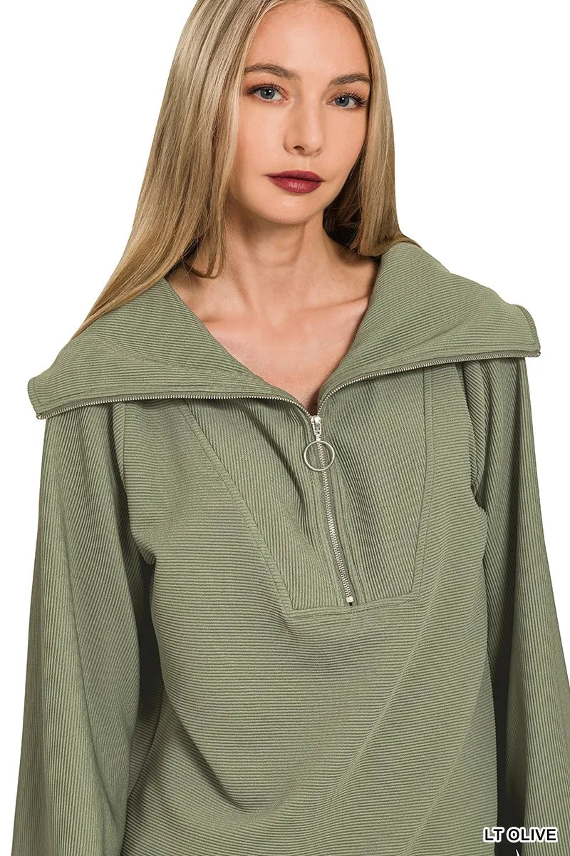Zenana Ribbed High Neck Half Zip Pullover & Pants Set Outfit Sets