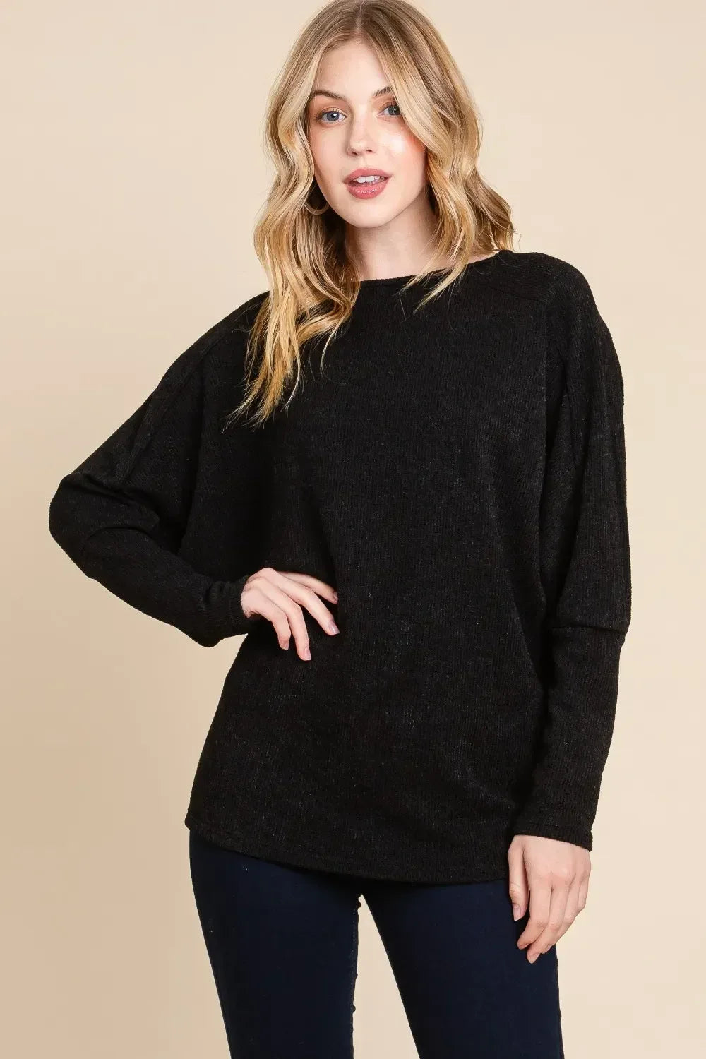 BOMBOM Drop Shoulder Long Sleeve Knit Top - DAVERRI FASHIONS