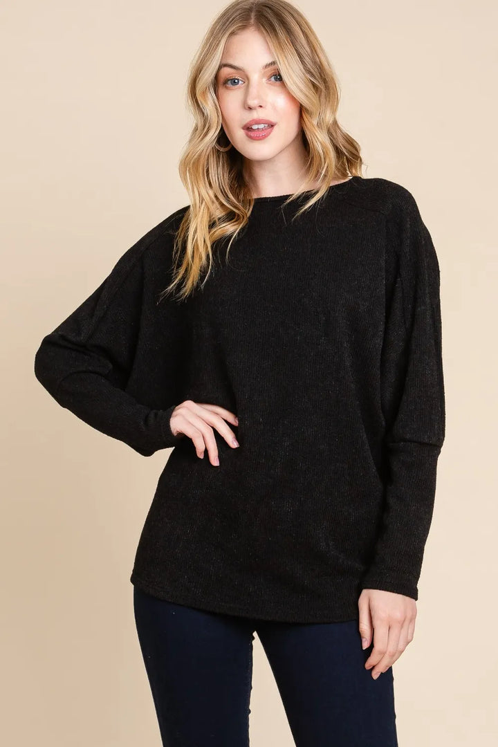 BOMBOM Drop Shoulder Long Sleeve Knit Top | Knit Tops Daverri Fashions