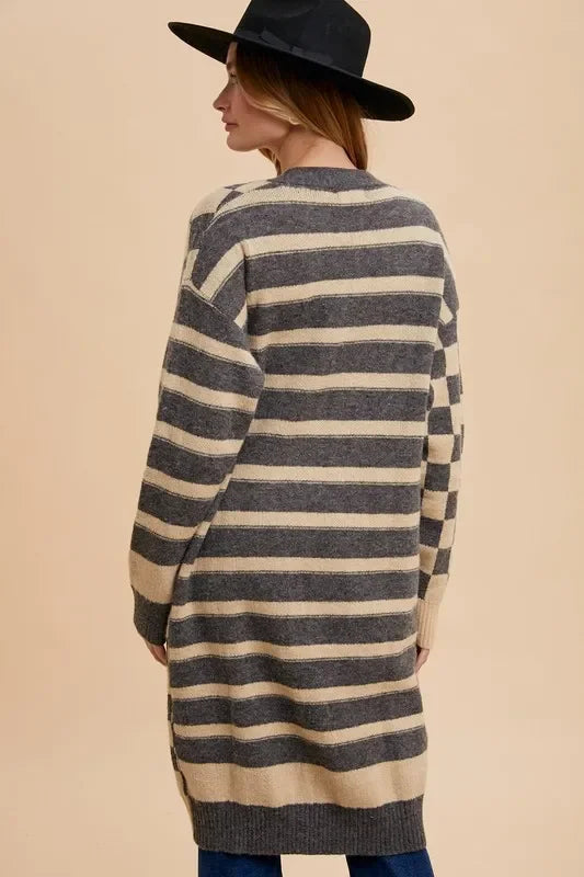 Oversized black and beige striped knit Annie Wear open front cardigan