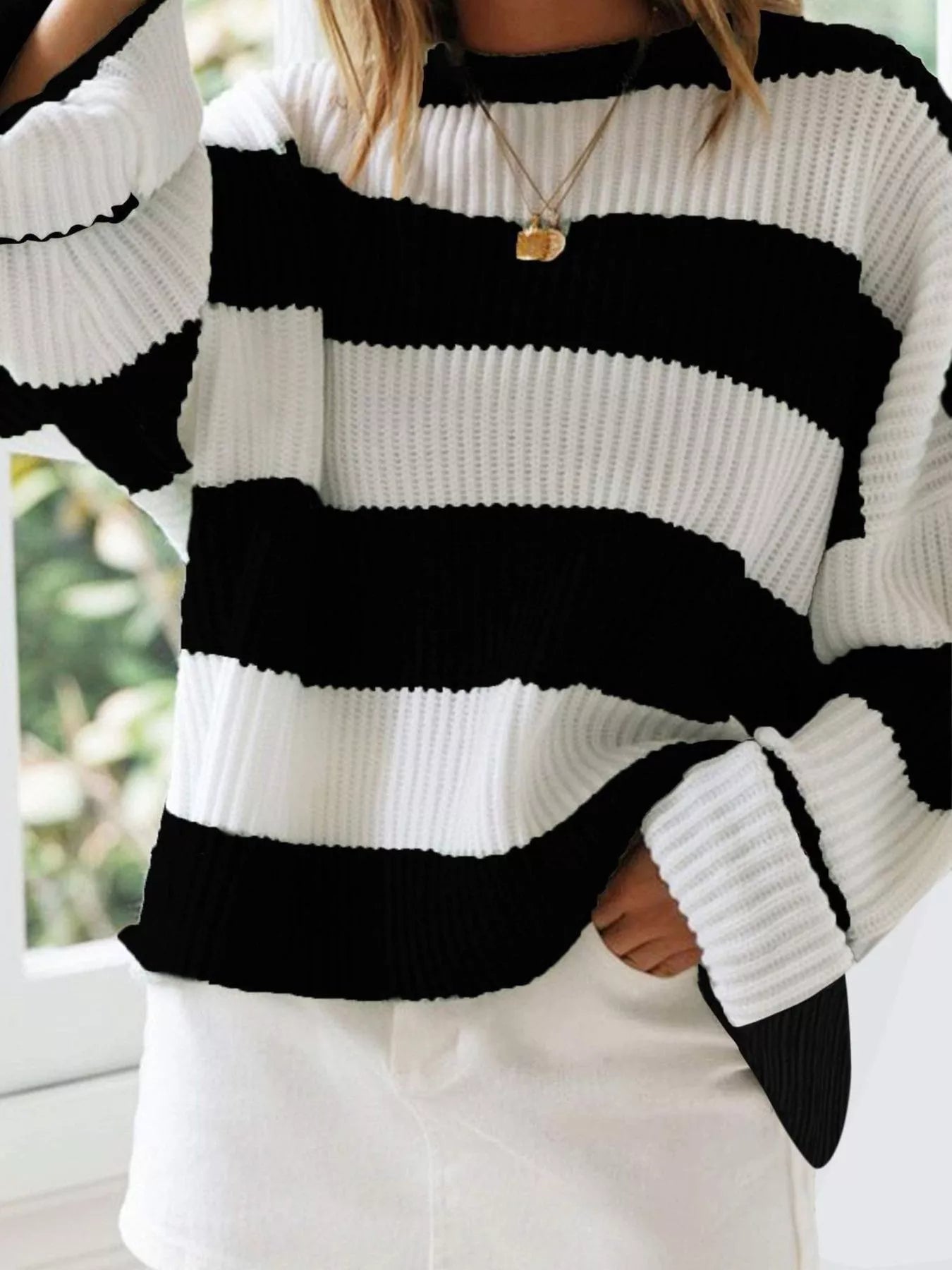 Daverri Fashions plus size black and white striped ribbed knit sweater