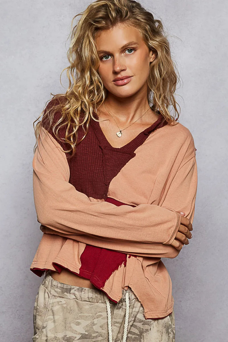 POL Color Block Notched Long Sleeve T-Shirt T-Shirts