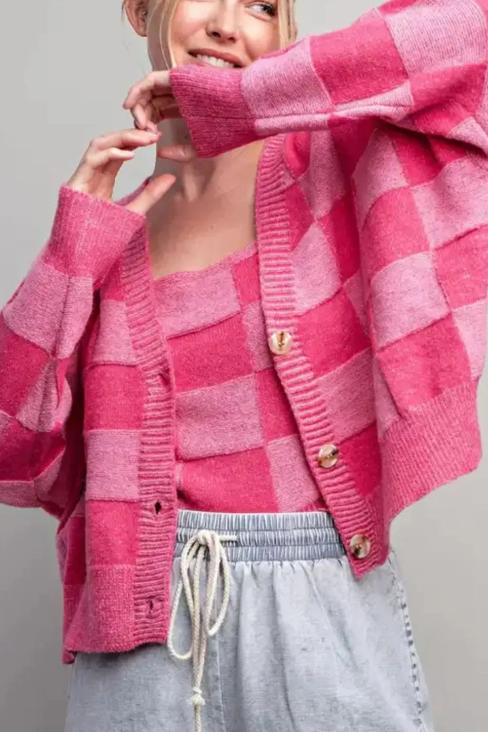 Checkered V-Neck Long Sleeve Cardigan | Cardigans Daverri Fashions