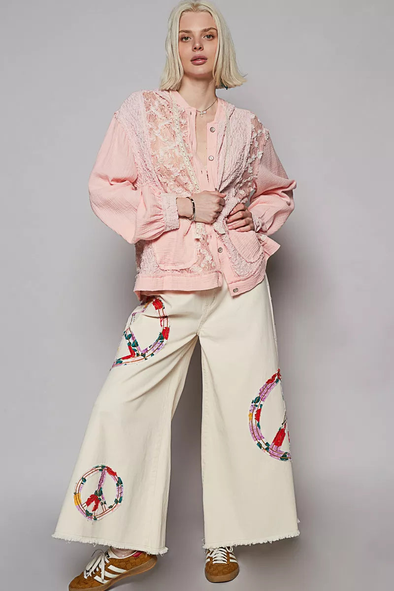 POL Exposed Seam Button Down Hooded Jacket with Lace Detail | Jackets Daverri Fashions
