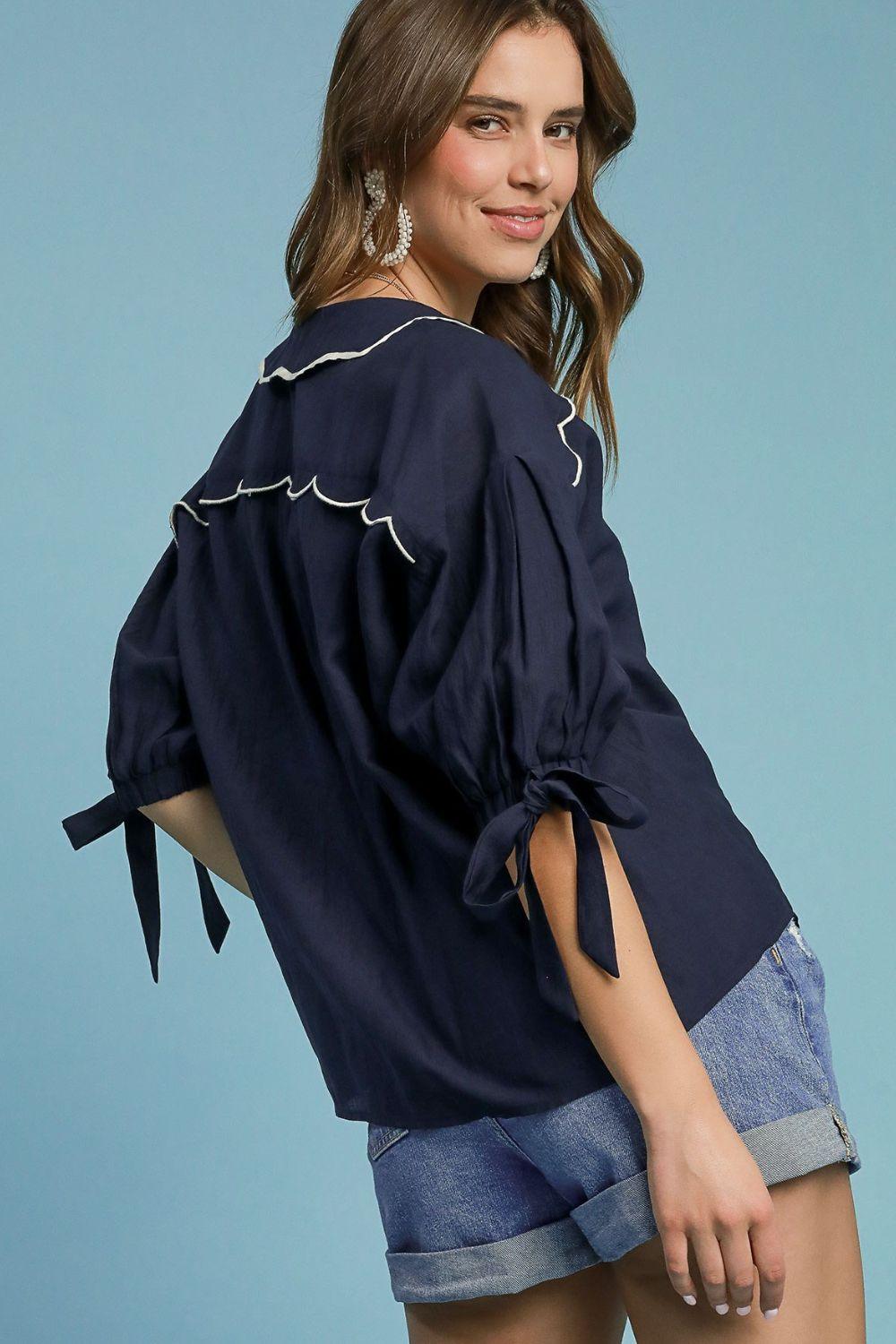Umgee Full Size Embroidered Detail Button Down Shirt Tops
